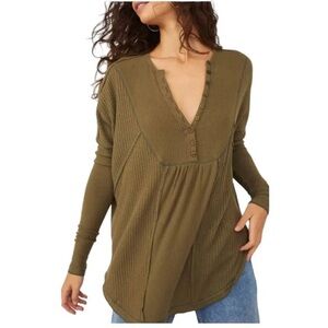 Free People Leo Henley Waffle Thermal Top - Olive Green Medium